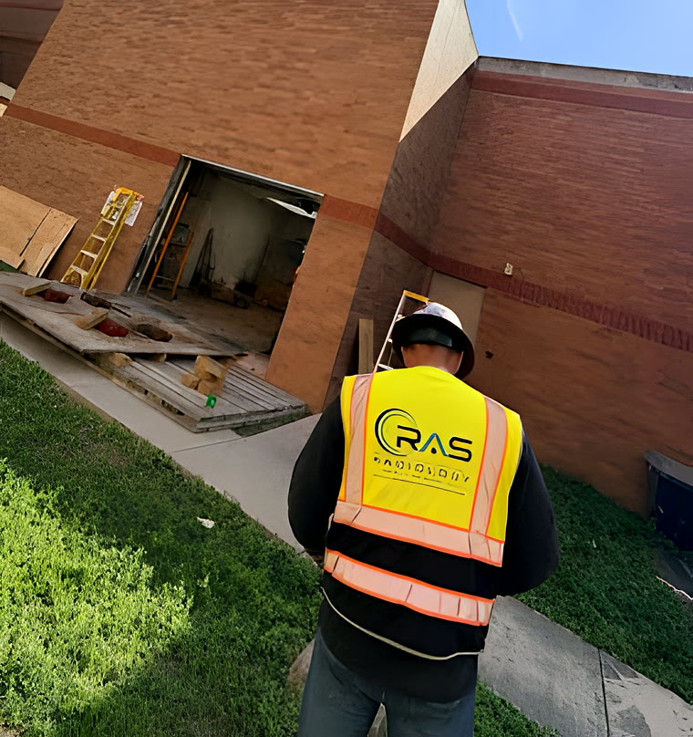 RAS crew on site — hard hats and high-vis on every lift
